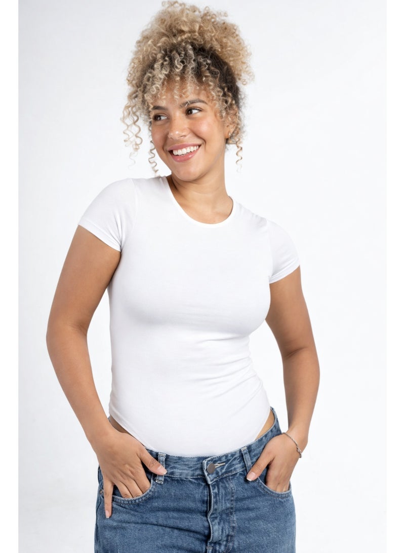 Women's White Boat neck short sleeve bodysuit